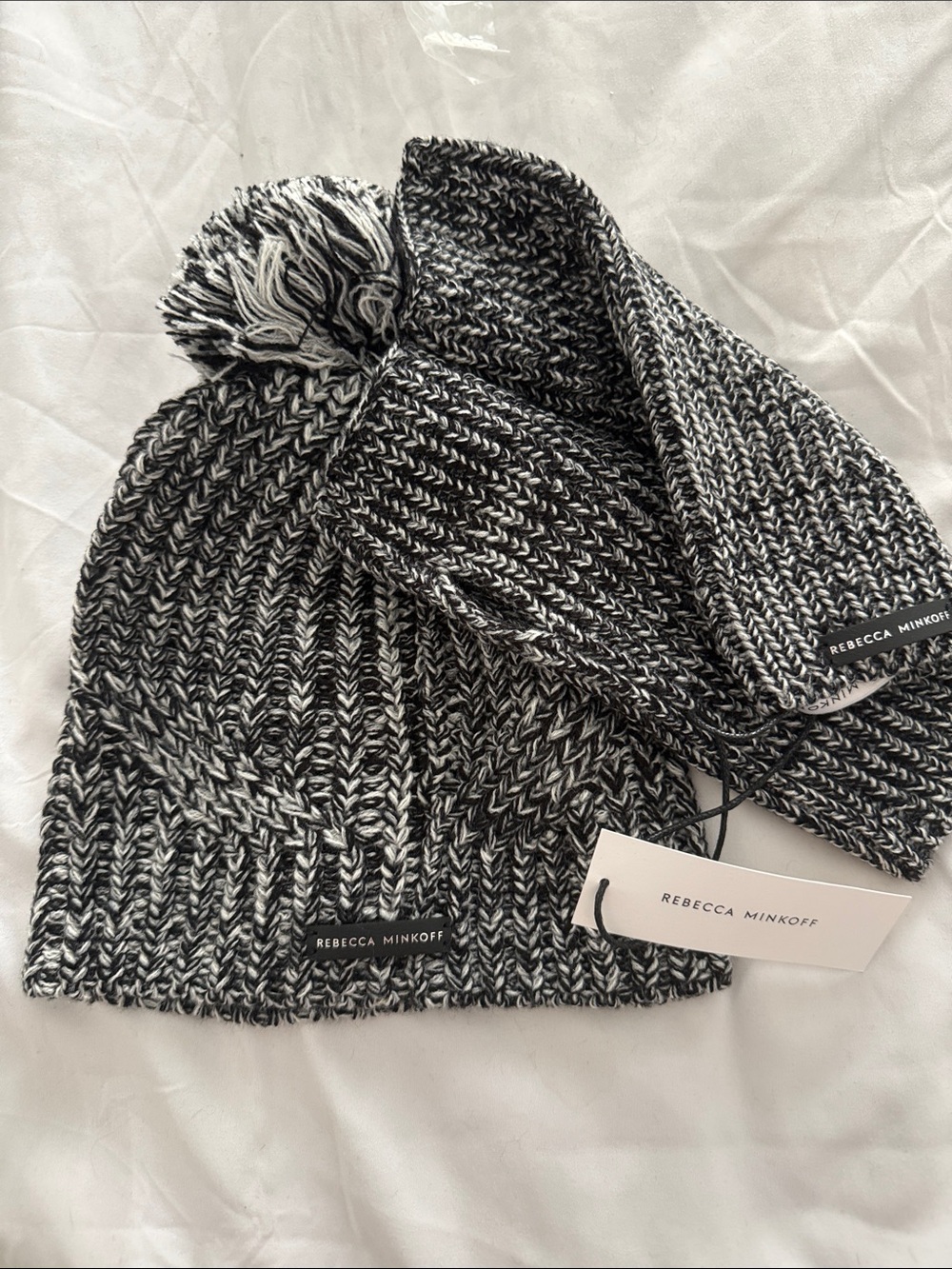 Rebecca Minkoff Black & White Knit Pom Hat & arm warmer Set